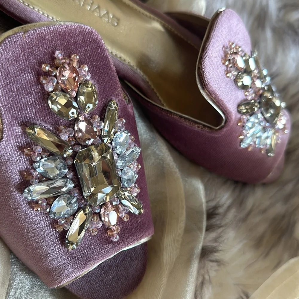 Pink velvet slides Rhinestones crystals New with dustbags & a box - Picture 9 of 10